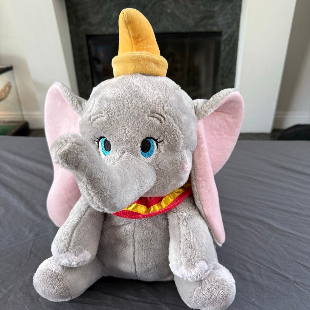 Disney Store Dumbo Plush Elephant 14” Gray Pink Ears Yellow Hat Stuffed Animal
